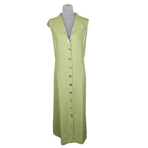 Vintage White Stag Linen Button Up Shirt Dress Green Lattice Back Maxi Size 18